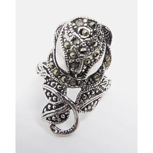 Vintage 18K HGE Marcasite Silver Flower Rose Ring Size 7 Designer Mark